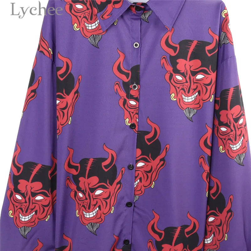 Lychee Летняя женская блузка с демоном и принтом дьявола с длинным рукавом рубашки с отложным воротником со стойкой Повседневная Свободная фиолетовая розовая блузка Топы женские