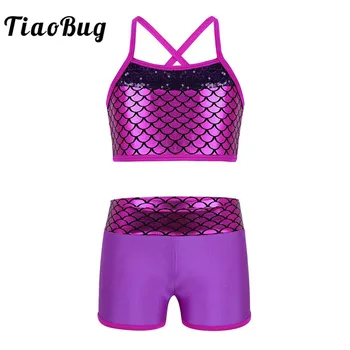 

TiaoBug Cute Kids Teens Sequins Mermaid Scales Crop Top with Shorts Set Girls Tankini Gymnastics Workout Ballet Party Dance Wear