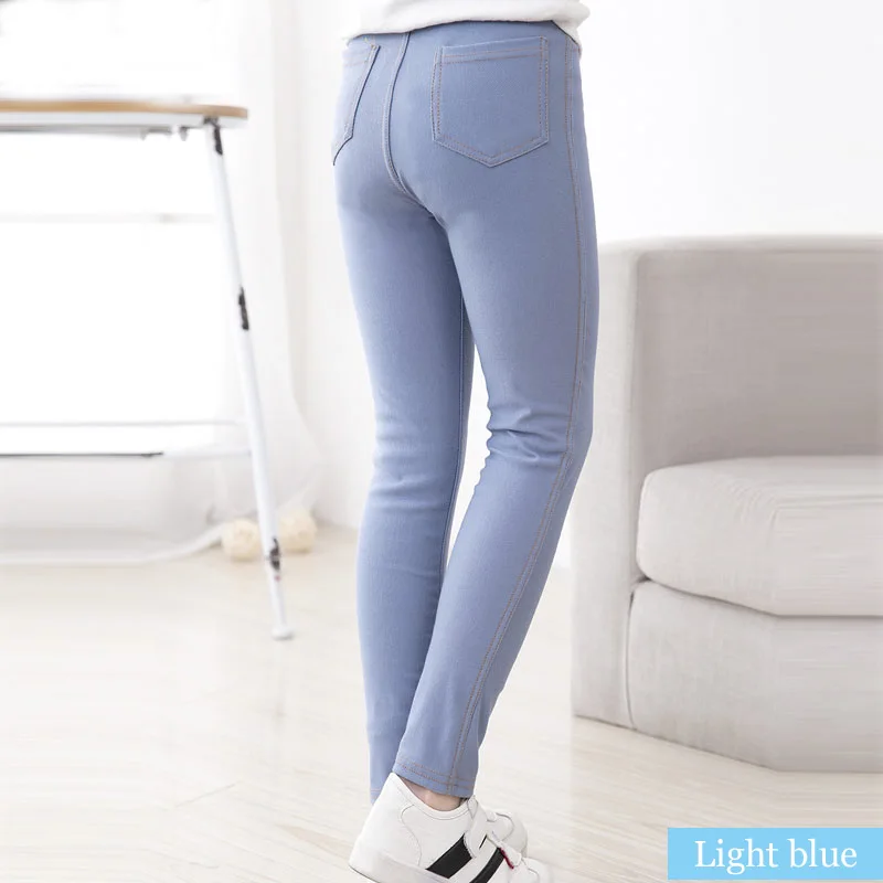 Джеггинсы; джинсы для девочек; узкие трикотажные джинсы с имитацией; детские длинные брюки ярких цветов со средней талией; одежда для детей - Цвет: Light blue