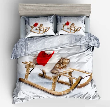 

Lovely Cat Duvet Cover Sets Cat with Red Hat Sleeping on the Sled Kids Adults Bedroom Decor 2/3pcs Bedding Set with Pillow case