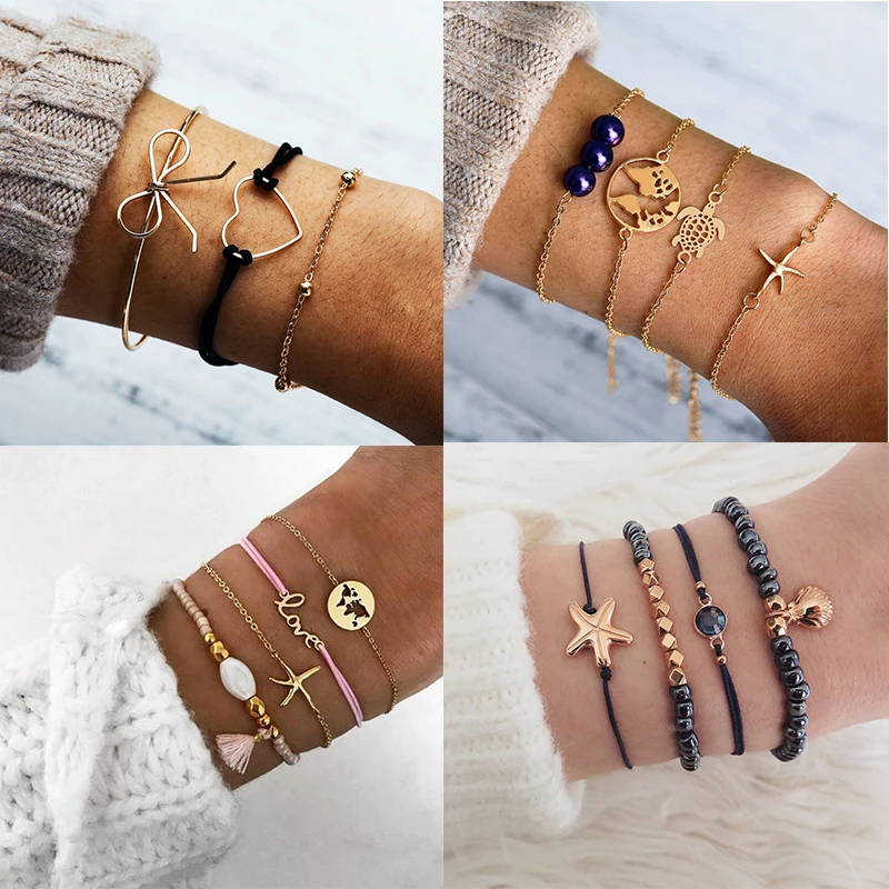

3/4pcs /set Vintage Shell Heart Map Charm Bracelets Set For Women Stone Beads Bowknot Turtle Strand Bracelets & Bangles Jewelry