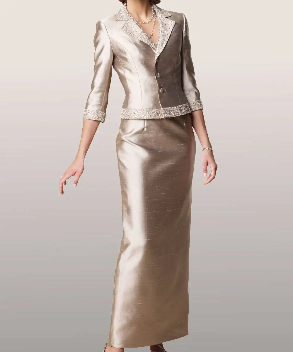 Mother of bride beige silk dress - dress ceremony entirely silk evening dress and jacket with custom Crystal stones