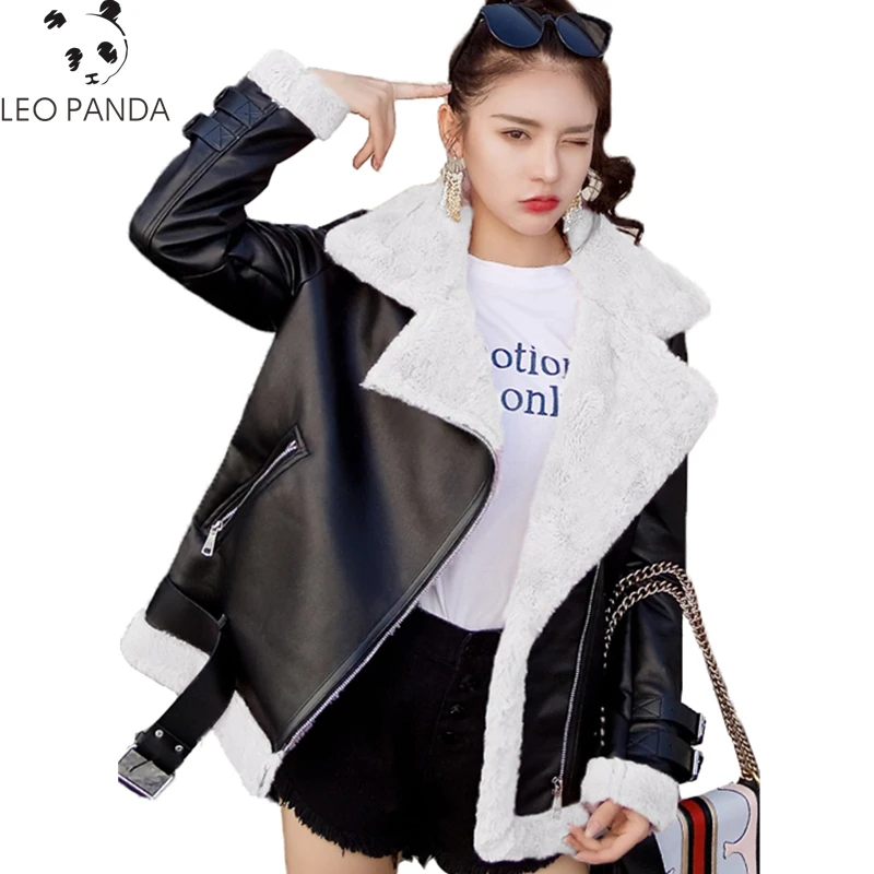 

New Fashion Spring Autumn Warm Thicken Zipper Long sleeves Turn-down collar Pockets Loose Coat Female Leather coat CY363