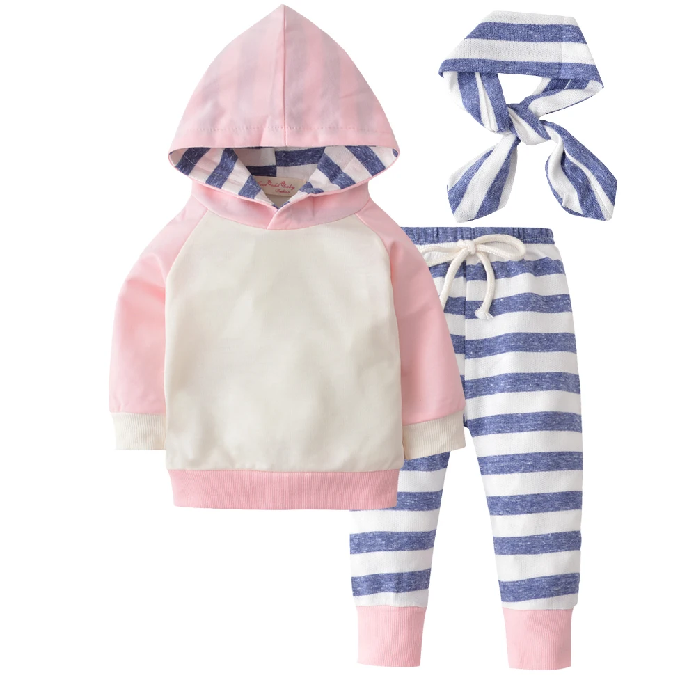Комплект из 3 предметов, комплект зимней одежды для новорожденных девочек, топ с капюшоном и длинными рукавами, штаны в полоску теплая Милая одежда комплект одежды для маленьких мальчиков - Цвет: Розовый