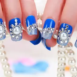 DIY 3D моделирование жемчуг поддельные ногти девушки довольно синий цвет накладные ногти квадратная голова полное покрытие дизайн ногтей
