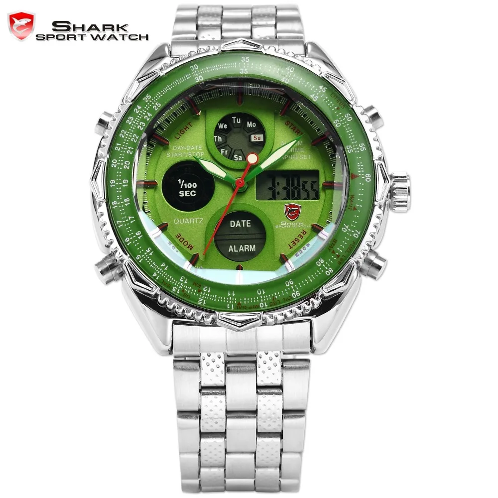 

Eightgill Shark Sport Watch Dual Time Analog Digital Date Silver Stainless Steel Green Mens Gift Racing Quartz Wristwatch /SH112