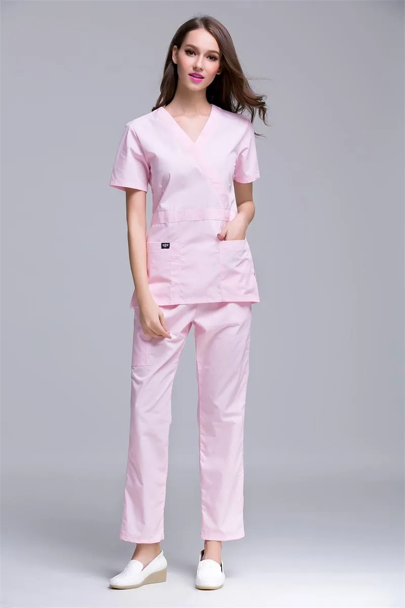 Новая мода Slim Fit доктора Медсестры скраб наборы рабочая одежда для больниц униформы регулируемые медицинские топы и брюки комбинезоны лабораторные халаты - Цвет: pink