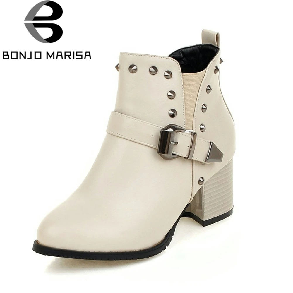 

BONJOMARISA Fashion Women Punk Rivet Shoes Woman Chunky Heel Ankle Boots Female Buckle Platform Motorcycle Boots Big Size 33-48