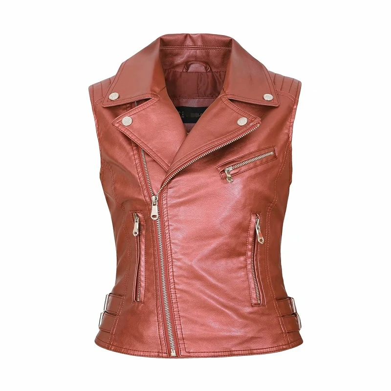 

Women Faux Leather Vests Ladies Novelty Motorcycle Zippers embossed PU Vest Slim tactical Rivet Waistcoat female European drop