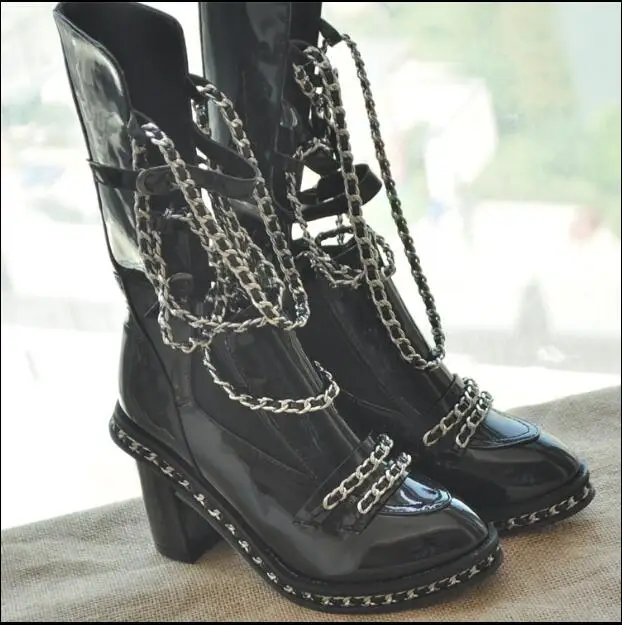 Metal Modelos black Long Estrella Cadena Maneras De Botines Negro Espesor Largas Botas Otoño Estilo Boots E Tacón 2017 Invierno Alto Fresco Nuevo Dos Con Usar vB0qcgw