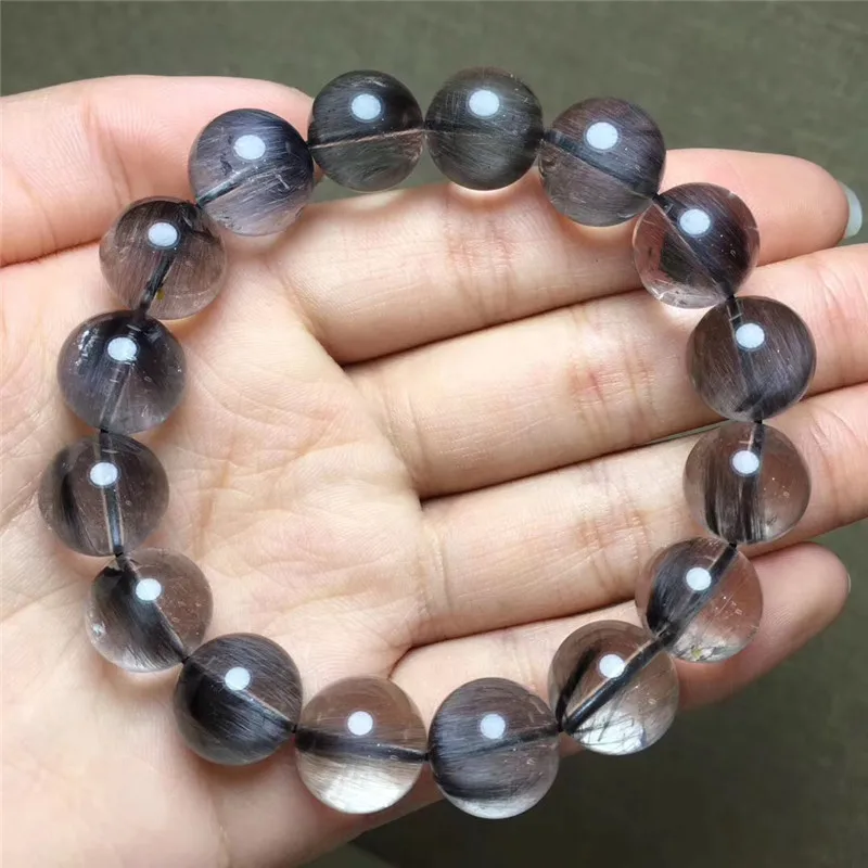 

Natural Brookite Platinum Silver Rutilated Quartz Crystal Bracelet 13mm Round Beads Woman Man Party Lucky Gift Stretch Jewelry