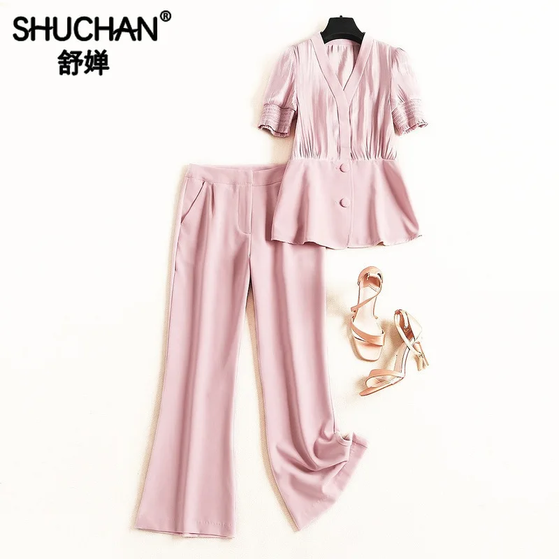 

Shuchan Pink 2019 Summer Outfits Designer 2 Pieces Set Top+ Ankle-Length Pants Ensemble Femme Deux Pieces women suit 51717