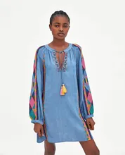 Women Casual Long Sleeve Geometric Embroidered Dress Fashion O-Neck Mini Dresses Loose Tassel Denim Dresses Women Casual Long Sleeve Geometric Embroidered Dress Fashion O-Neck Mini Dresses Loose Tassel Denim Dresses