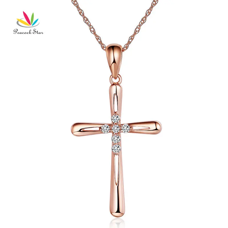 

Peacock Star 14K Rose Gold Cross Pendant Necklace 0.13 Ct Diamonds