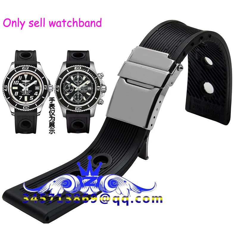 

High Quality 22MM Black Rubber Watch Strap With Folding deployment Clasp men's waterproof silicone bracelet watch accessories