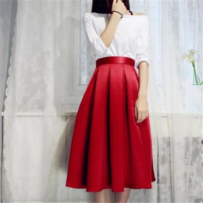 7XL Plus Size Red Solid Midi Pleated Fashion Ball Gown Woman Skirts