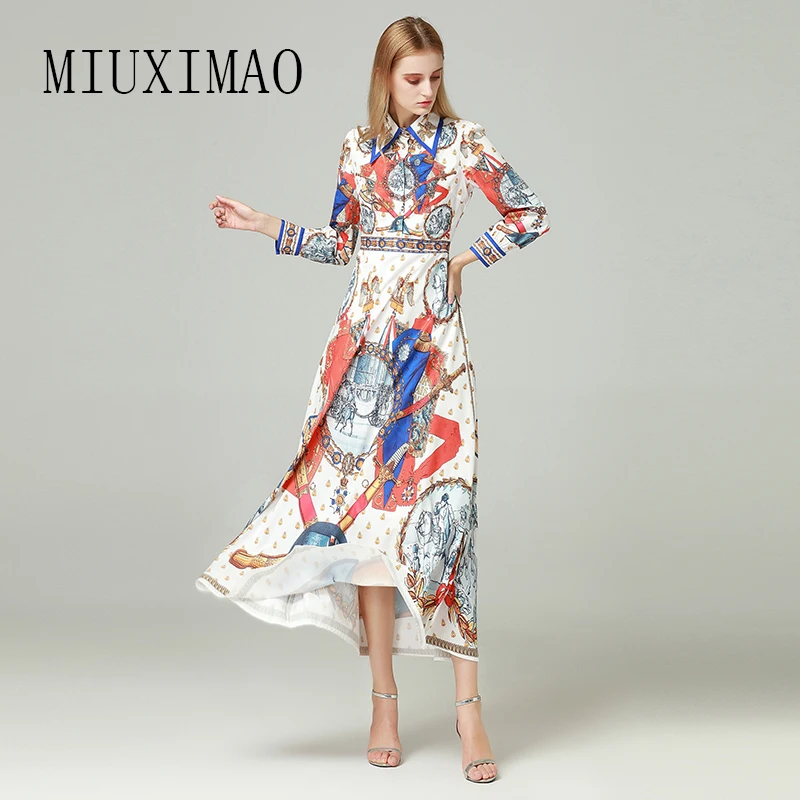

2018 Autumn New Arrival Fashion Turn-down Collar Full Sleeve Sashes Pattern Print Elegant Ankle-Length Long Dress Women