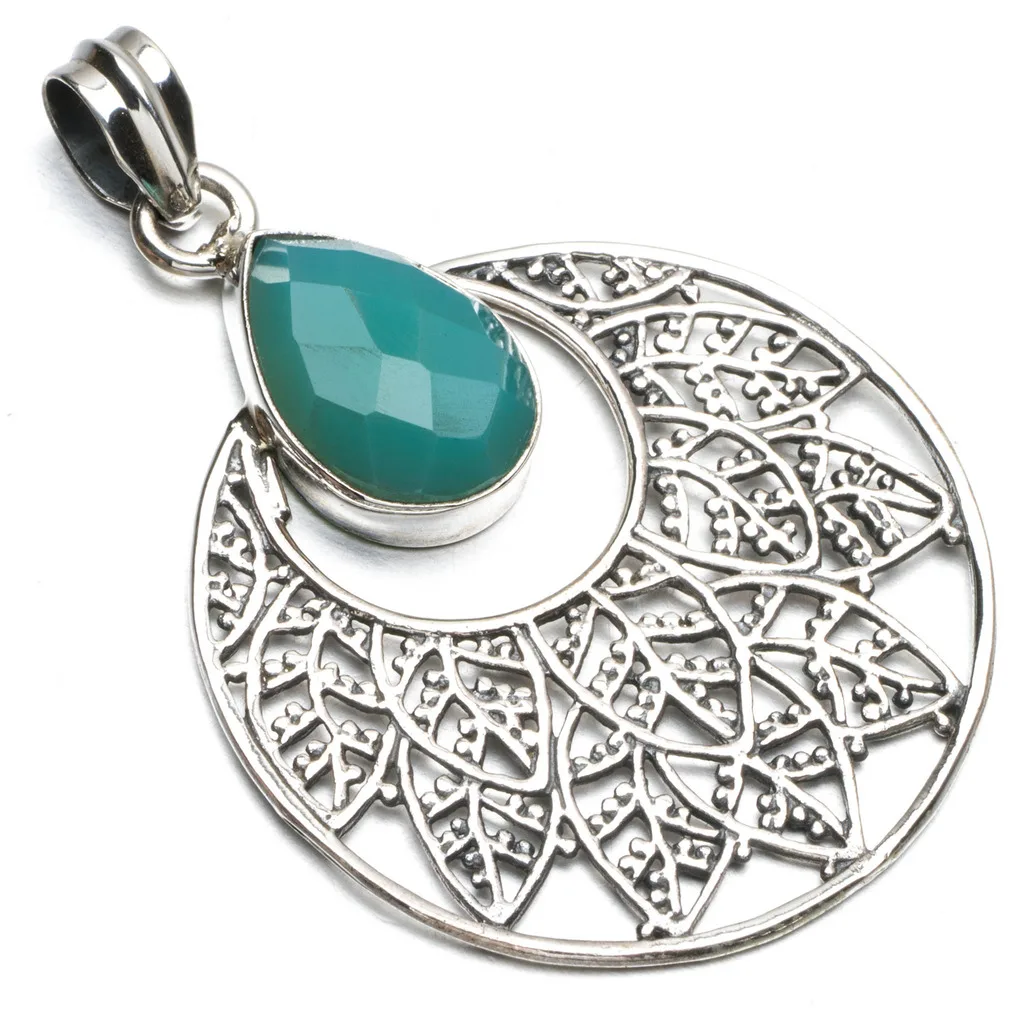 StarGems(tm) Natural Chrysoprase Boho Style 925 Sterling Silver Pendant Necklace 2&quot R0636 |