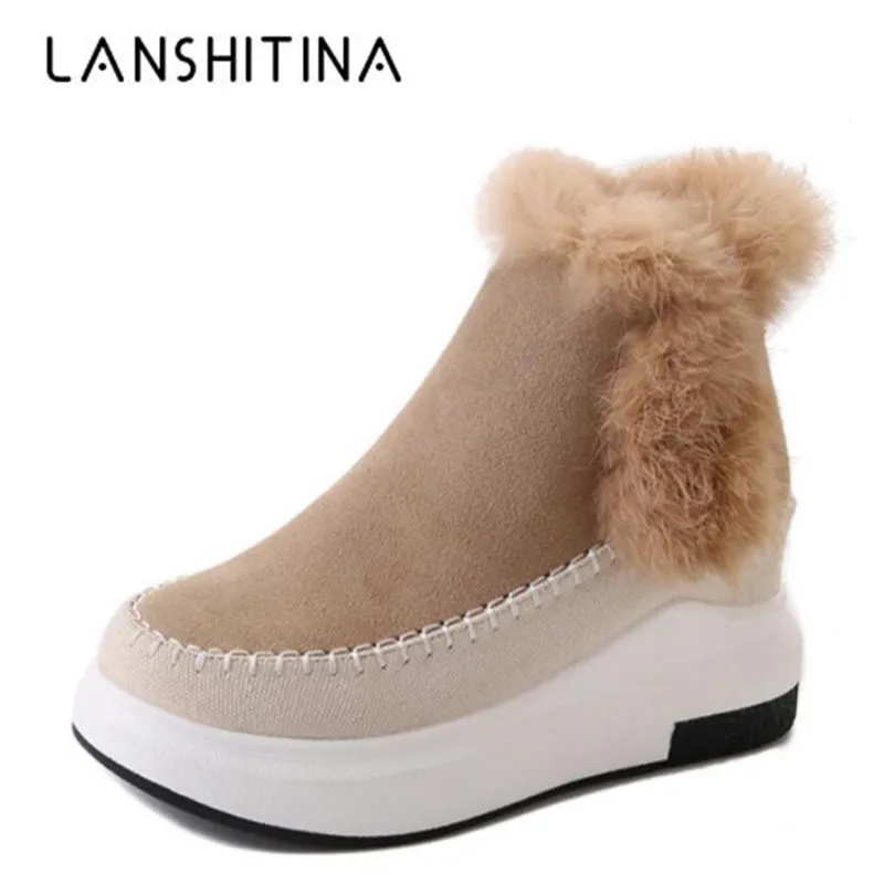 

2018 NEW Winter Women Ankle Boots Leather Harajuku Short Plush Boots Woman Warm Snow Boots Wedge Hidden Heels Sewing Fur Boots