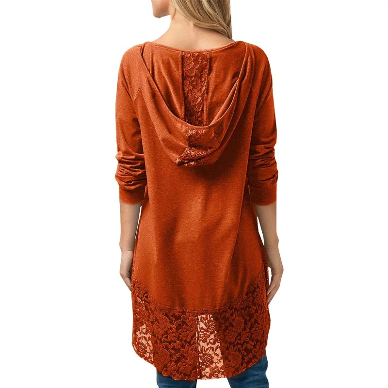 Fashion ZANZEA Women Hoodies Long Sleeve Lace Crochet Patchwork Solid Long Pullover Loose Work Shirt Hooded Blouse Plus Size
