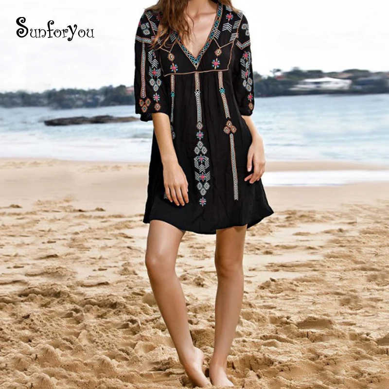 

New Black Beach Dress Cotton Embroidery Beachwear Sarong 2019 V neck Bikini Dress Saida de Praia Women Summer Sexy Mini Dress