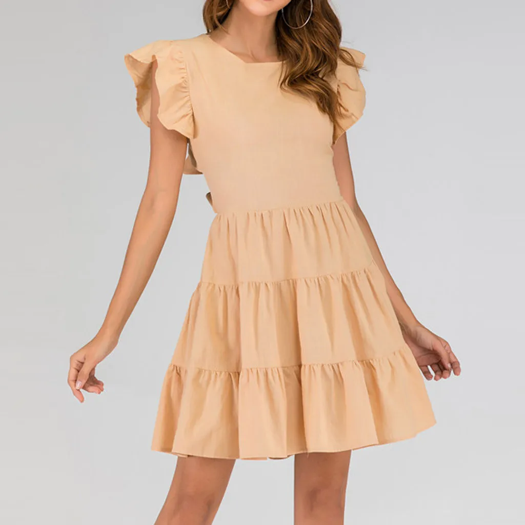 

Backless summer dresses and sundresses Mini Solid Butterfly Sleeve spring dress Ruffle Lace up casual dress women elegant #G8