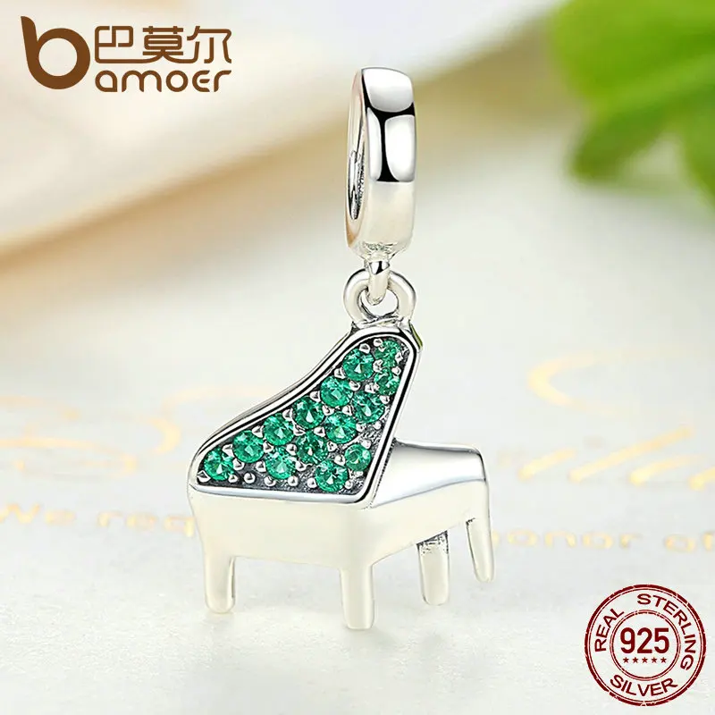 BAMOER Real 925 Sterling Silver Green Clearly CZ, Music Piano Pendant Charms fit Bracelets Women Fashion Jewelry SCC111