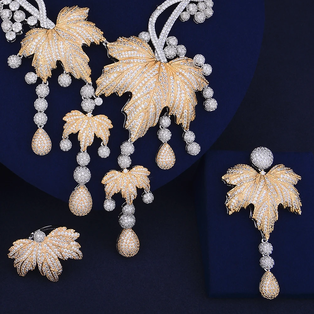 GODKI Luxury Pumpkin Leaf Long Tassel Nigerian Jewelry Set For Women Wedding Zircon Crystal CZ Indian African Bridal Jewelry Set