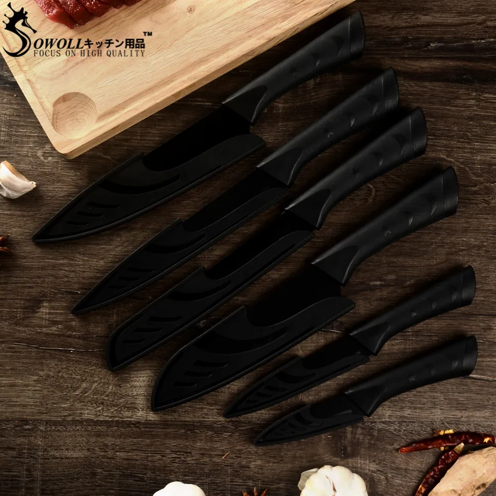 Sowoll Fashion Black Stainless Steel Kitchen Knife Set Germany Steel Ultra Sharp Blade Kitchen Knive 7Cr17 Kitchen Tools 6 PCS