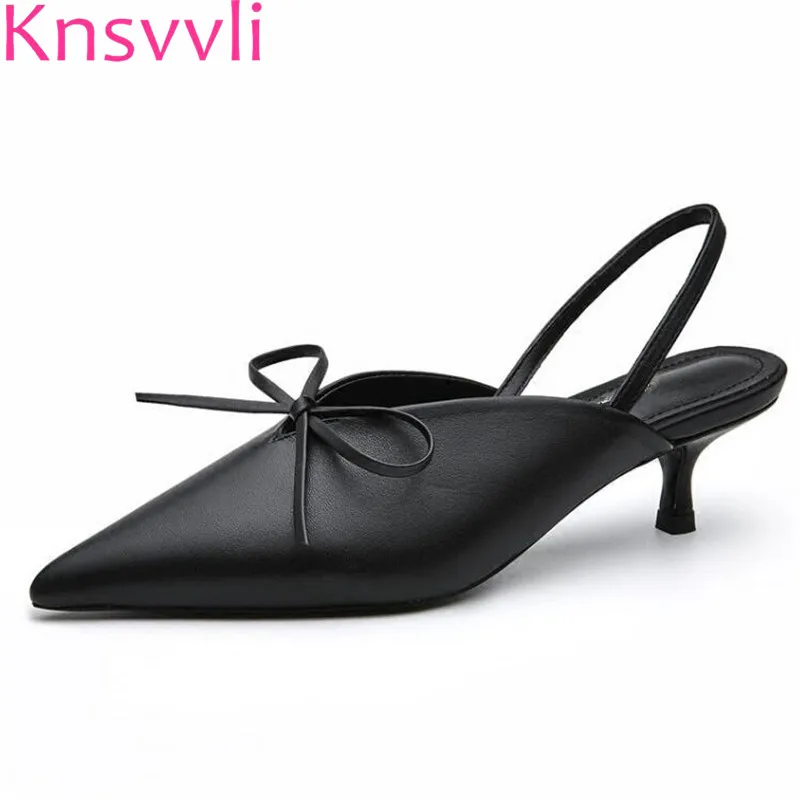 

Knsvvli Spring Summer Genuine Leather Solid Color Bowknot Kitten Heel Women Shoes Silk Slingbacks Band Pointy Toe Women Pumps
