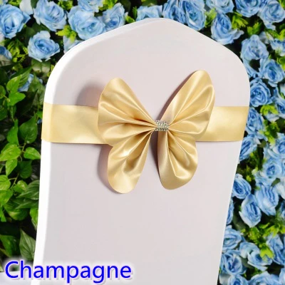 

Champagne colour chair sash wedding mini style butterfly bow tie lycra band stretch bow tie ribbon for chair covers on sale
