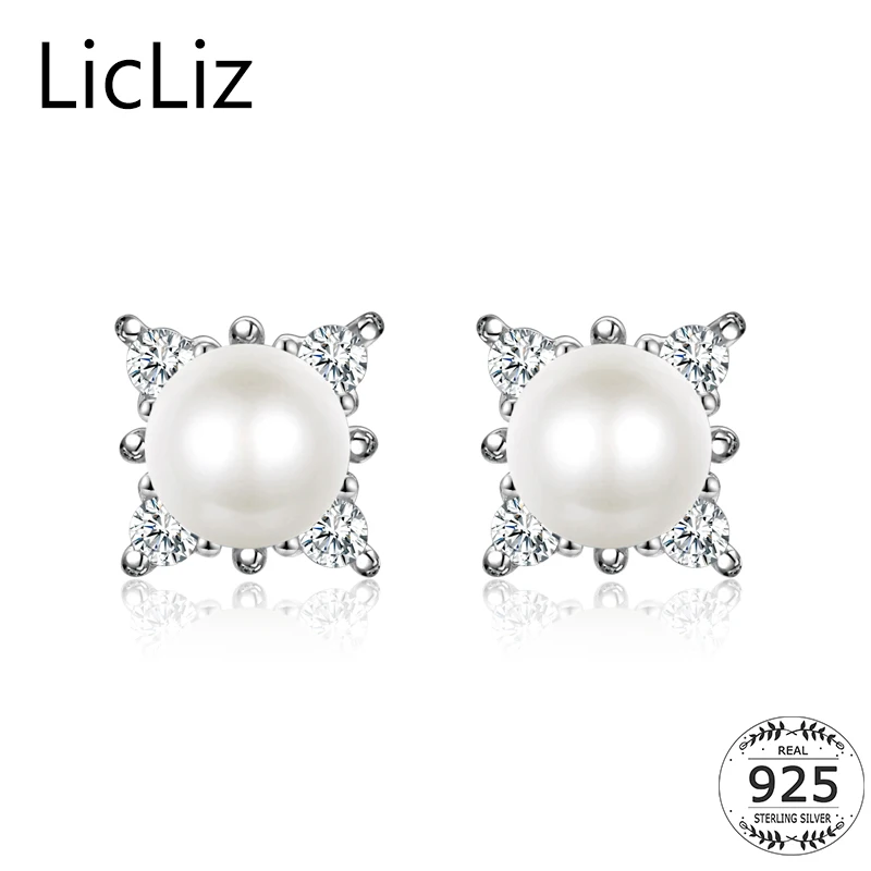 

LicLiz Freshwater Pearl Stud Earrings 925 Sterling Silver Cubic Zirconia Earring Studs Post Pierced Square Earing Women LE0326