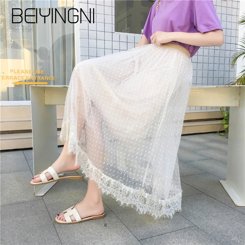 Beiyingni High Waist Skirts Women Plus Size Pleated Mesh Dot Embroidery Chic Skirt Apricot Blue Black Midi Saia 2019 Falda L-4XL Beiyingni High Waist Skirts Women Plus Size Pleated Mesh Dot Embroidery Chic Skirt Apricot Blue Black Midi Saia 2019 Falda L-4XL