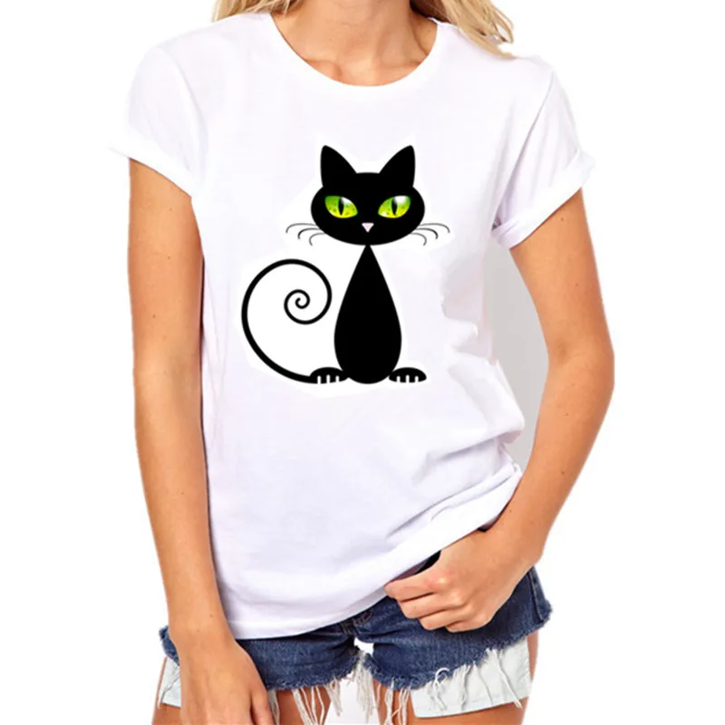 Брендовые женские футболки Харадзюку с забавным принтом черного кота, простая повседневная женская футболка с коротким рукавом и круглым вырезом, женские футболки, топы - Цвет: T Shirt Women 010
