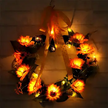 

HobbyLane Led Artificial Flowers Heart Sunflower Garlands Yellow Flower Wreath With Green Leaves Door Wall For Wedding Decoration