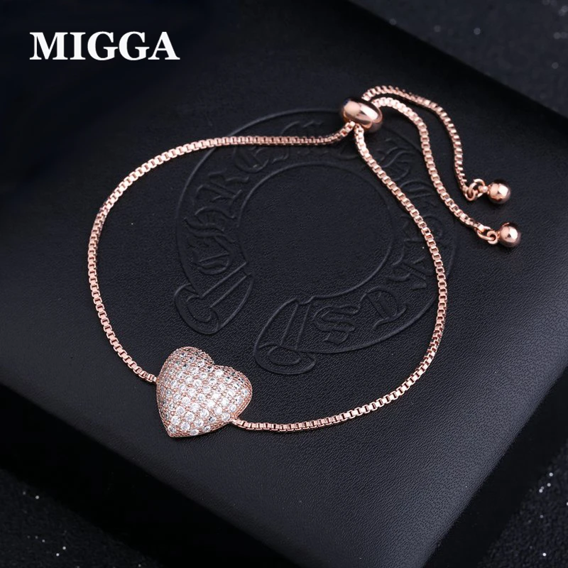 

MIGGA Elegant Mirco Paved Cubic Zirconia Heart Bracelet for Women Girls Gift Rose Gold Color Adjustable