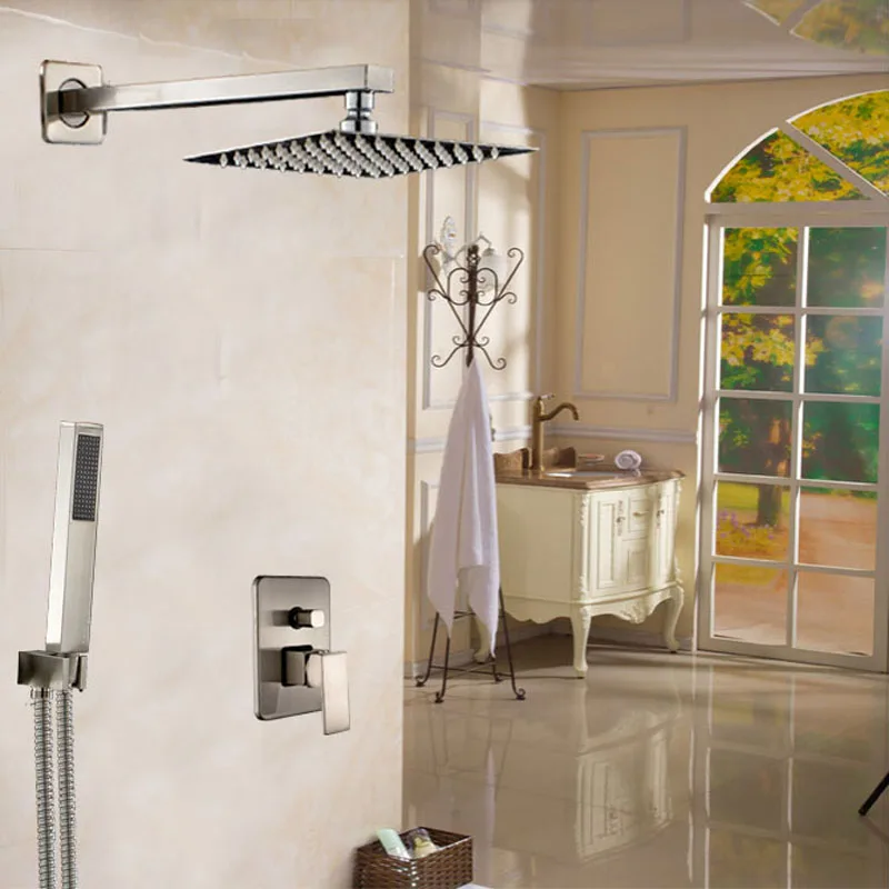 Brushed Nickel 12 Rainfall Shower Faucet Single Handle Bathroom Shower Mixers with Handshower