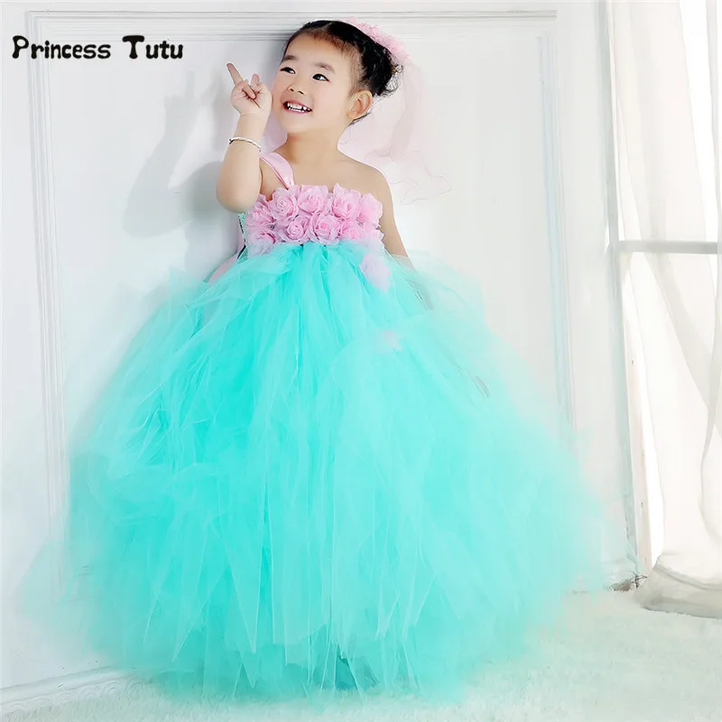 Нарядное платье-пачка ручной работы для маленьких девочек фатиновое платье принцессы мятно-зеленого цвета с цветочным узором для девочек детские пышные платья для дня рождения и свадьбы От 2 до 14 лет