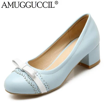 

2020 New Plus Big Size 32-43 Beige Blue Pink Bowtie Sweet Fashion Mid Heel Girls Females Lady Womens Shoes Pumps D1063