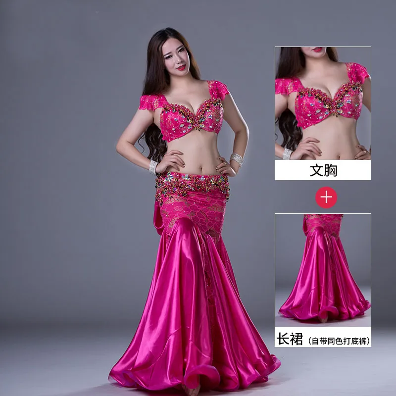 

Women Professional Belly Dance Costume Beaded Bra Top & Lace Long Skirt 2 Pieces Outfit Carnival Bollywood Bellydance Clothes