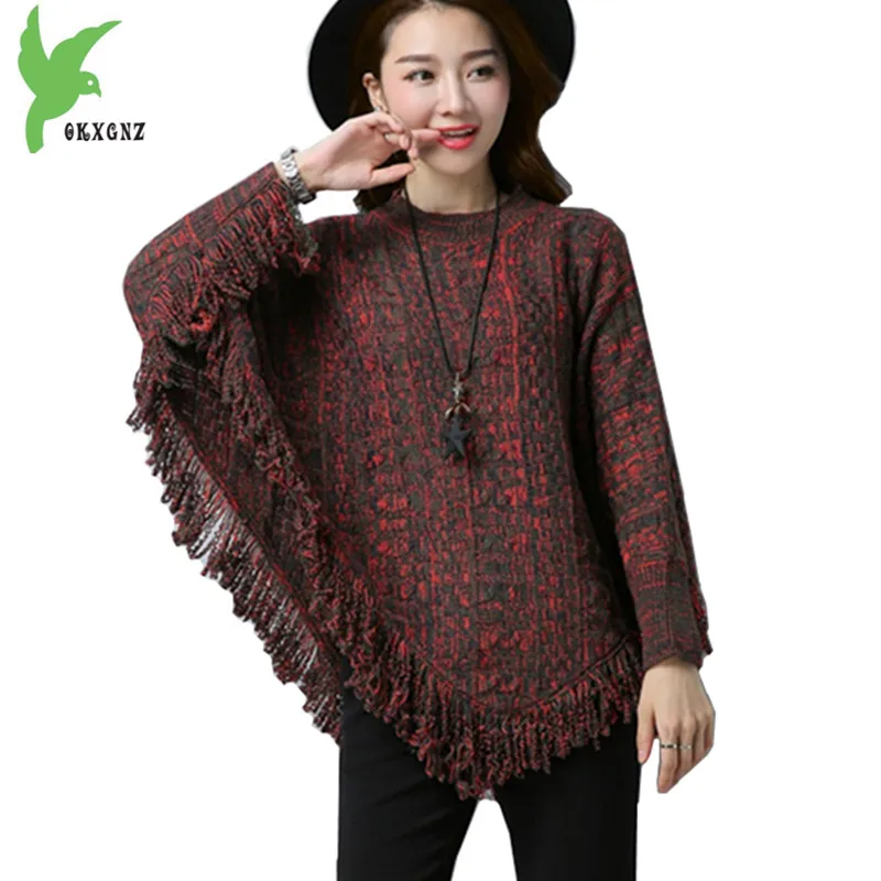 

Women Autumn Winter Knit Sweater Cloak Cape Coats Fashion Thicker Sweater Pullover Plus size Bat sleeves Tassel Capes OKXGNZ 123