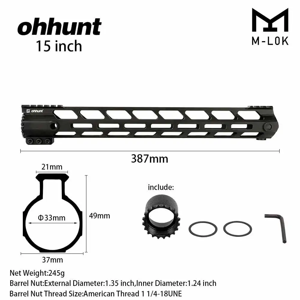 Ohhunt AR15 поплавок M-LOK Handguard Пикатинни тонкий стиль стальной баррель гайка для охоты прицел крепление с петлей отверстие - Цвет: 12 inch Black