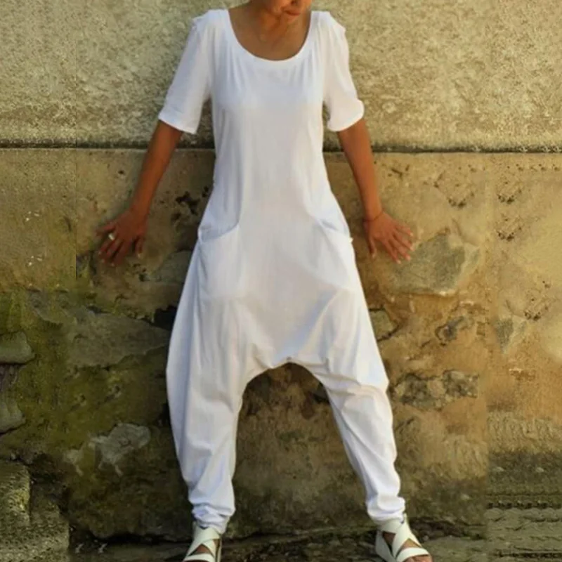 

Playsuit Jumpsuit Romper Pants Long Harem Ladies Solid color Round neck Pocket