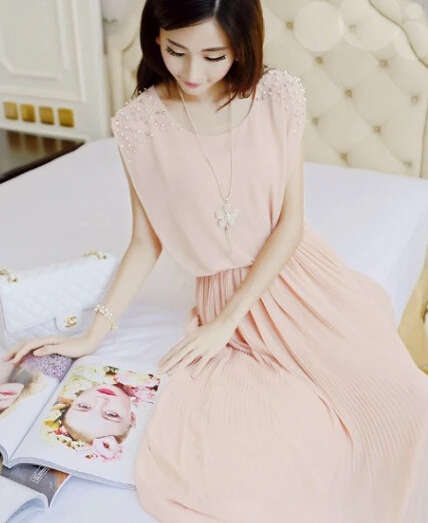 

Free Shipping High Quality 2016 Korean Sweety Beads Decorated Sleeveless Chiffon Pleated Long Dress Four Colors