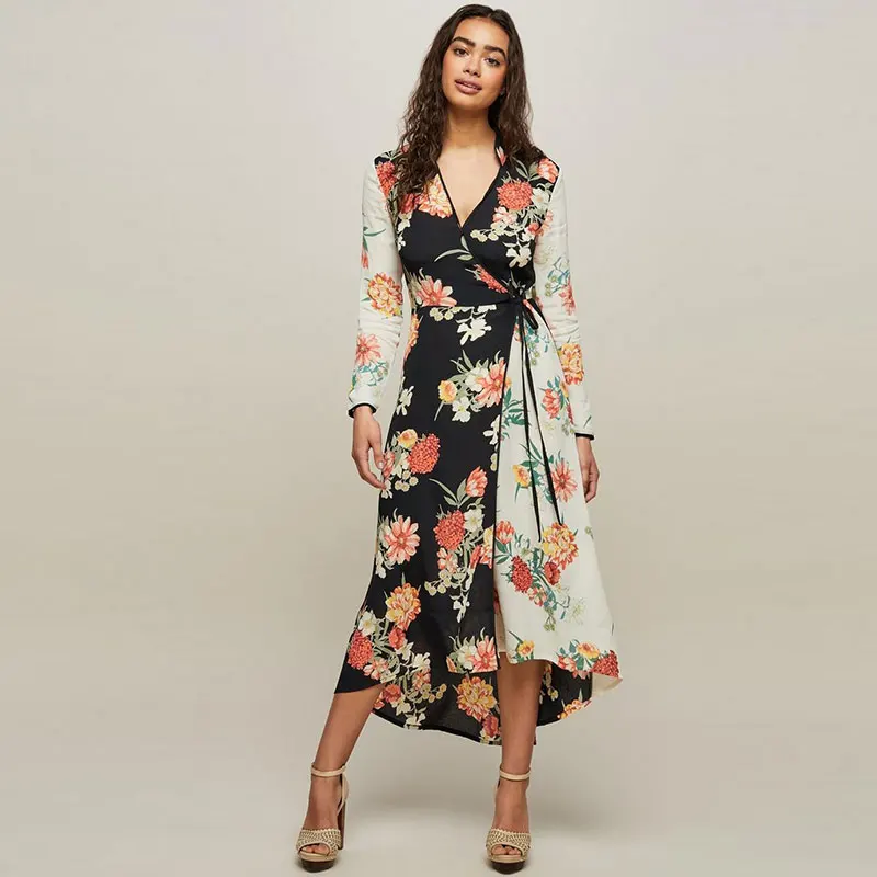 

BOHOFREE Mixed Print Wrap Midi Dress Femmes Flroal Kimonos Long Sleeve Street Style Bohemian Gypsy Elegance Ladies Casual Dress