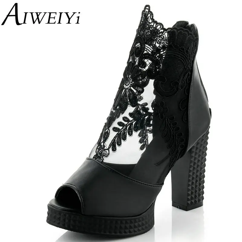 

AIWEIYi Women Summer Boots Black White Open toe Cutouts Lace Decoration Chunky Heel High Heel Ankle Boots for Women Size 34-39