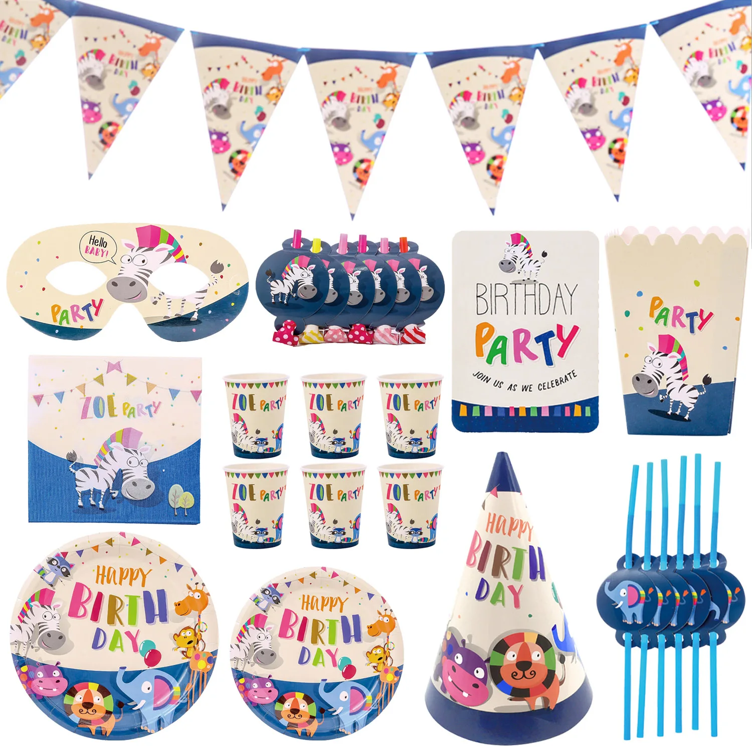 Behogar 94 шт животных тематическая вечеринка на день рождения украшения комплект поставки набор пластин чашки шляпа треугольный флаг