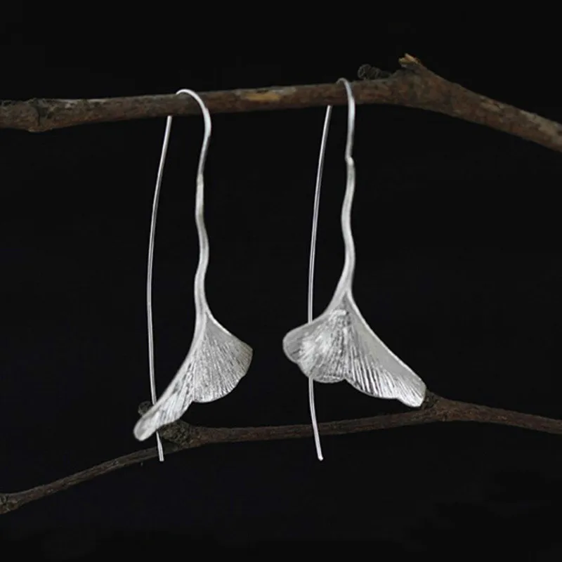 

JINSE Real 925 Sterling Silver Natural Handmade Designer Fine Jewelry Vintage Ginkgo Leaf Drop Earrings for Women Brincos
