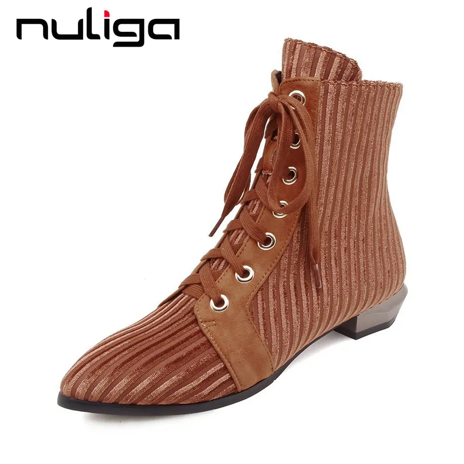 

Nuliga solid low heels pointed toe large size lace up natural leather temperament girls brown green color woman ankle boots L61