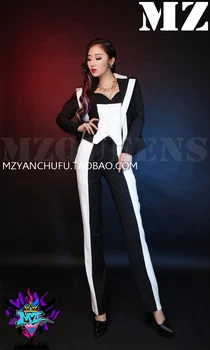 

(Suit+vest+Pant ) 2016 Women Singer DJ DS black and white Patchwork Suit Suits Stage Show Costumes S-3XL free shipping